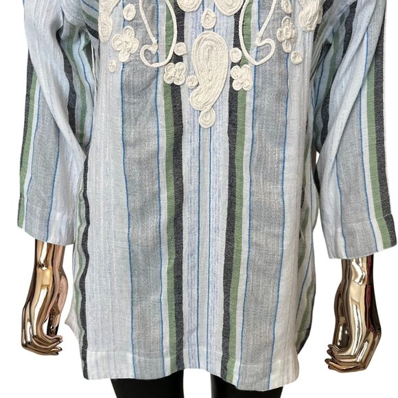 Soft Surroundings Blue Green Striped Embroidered Tunic Top Cotton Blend Medium - Picture 5 of 10